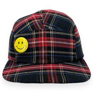 Topman Red & Navy Blue Plaid Snapback Hat With Smiley Face Button